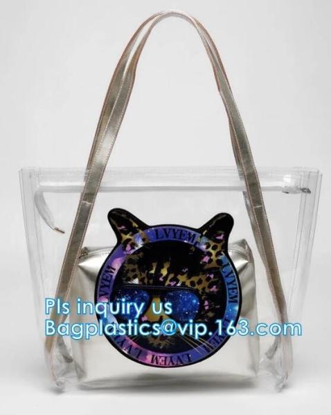 Fashion woman full print pvc private label handbag manufacturer, PVC Transparent Handbag Women bag, student pack swimmin