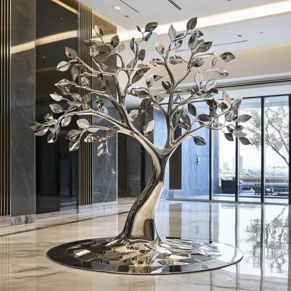 High - End Restaurant Interior Design: Custom - Made Stainless Steel Tree Sculpture