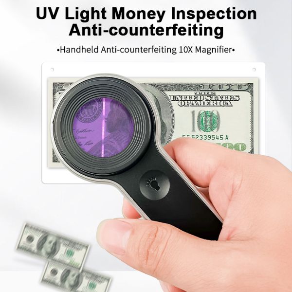 Handheld Magnifier with 10X Magnification LED UV Light and K9 Optical Lens for Reading and Inspection