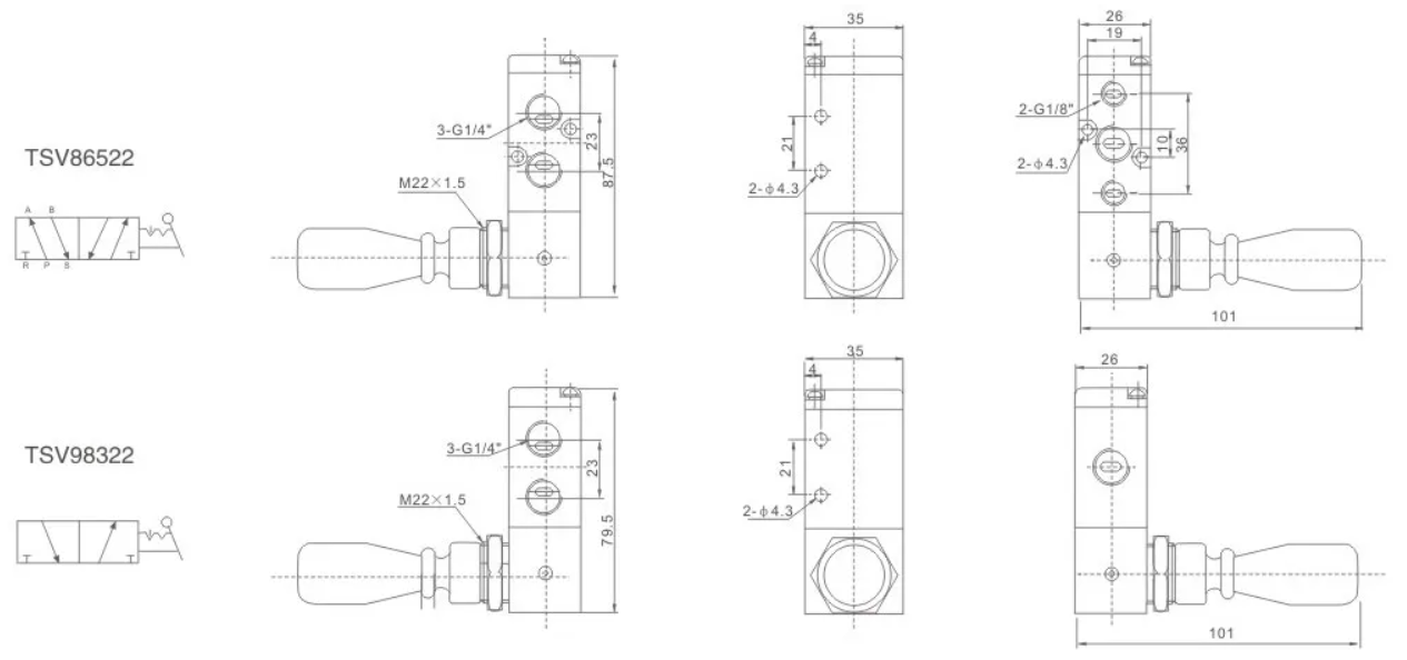 TSV86522M SHAKO Series Hand-Pull Valve TSV86522S TSV98322M TSV98322S 5/2way, 3/2 way 1/4
