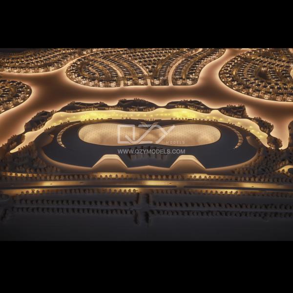 Modelo conceptual arquitectónico blanco 1:800 con iluminación cálida