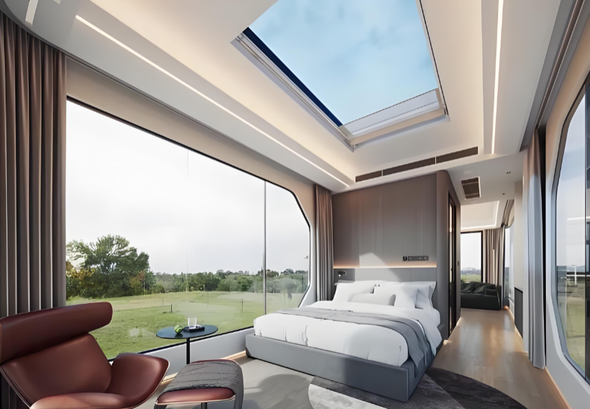 Low Environmental Impact Space Capsule House with Smart Home Integration and Customized Layout for Tourism and Office Use