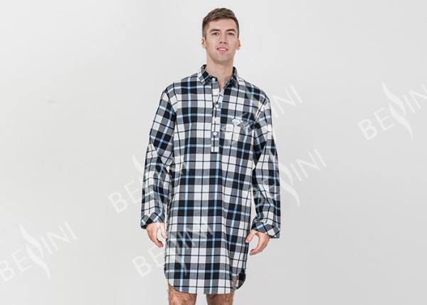 Mens Woven Cotton Brushed Twill Yarn Dyed Long Sleeve Nightshirt Button Placket Embroidery Curved Hem