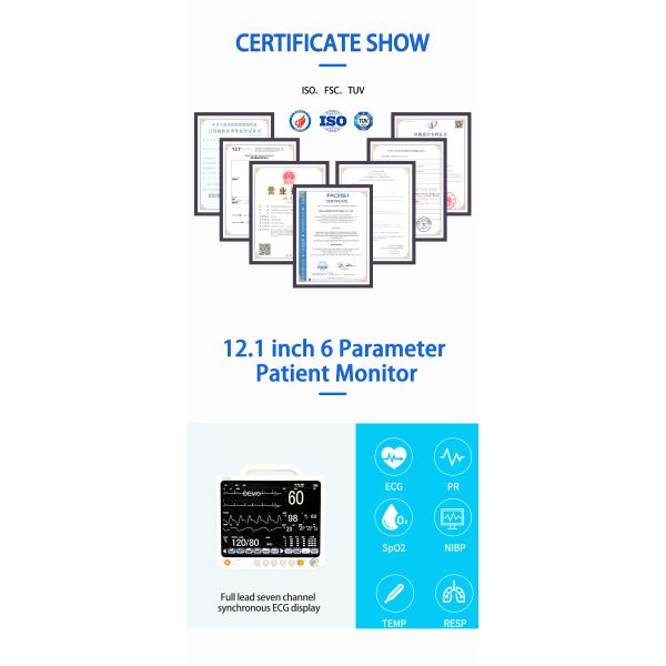 Moniteur patient multiparamétrique 12,1 pouces avec écran LCD TFT couleur haute résolution, analyse des arythmies et calcul ST
