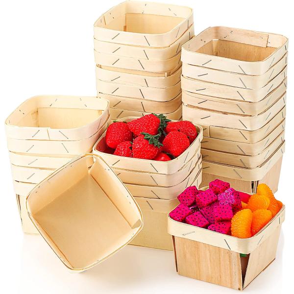 Silk-Screen Printed 5.75-Inch Square Vented Wooden Berry Baskets for Fruit Picking