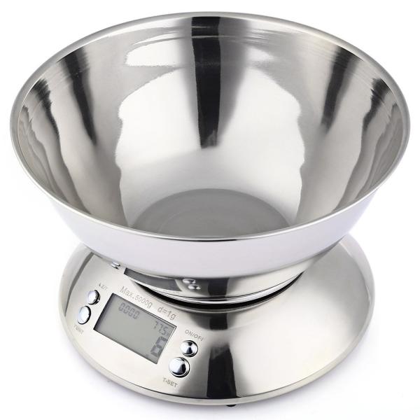 Báscula de cocina electrónica de acero inoxidable con cuenco y bandeja de báscula, capacidad de 5 kg y precisión de 1 g para cocina