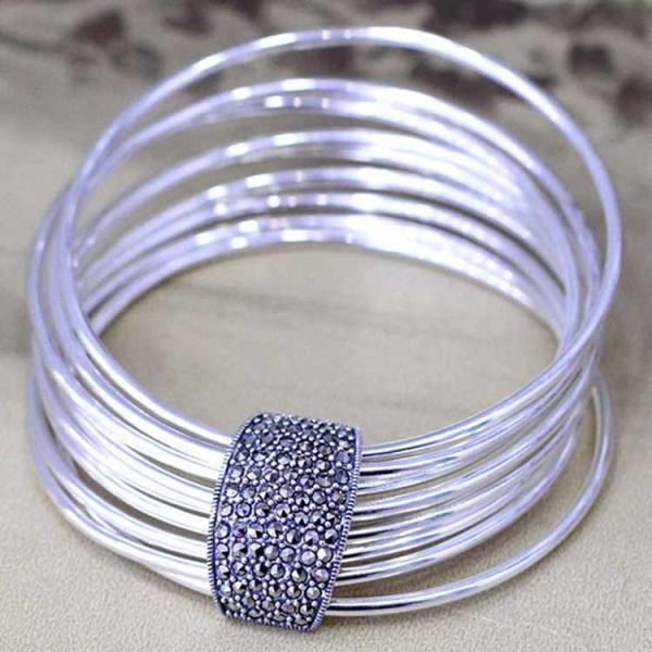 Women Nine Rows 925 Sterling Silver Marcasite Charm Bangle Bracelet(SY50013)