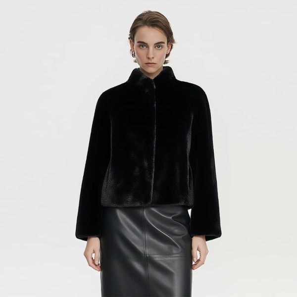 Black Fur Jacket Faux Fur Stand Up Fluffy Jacket