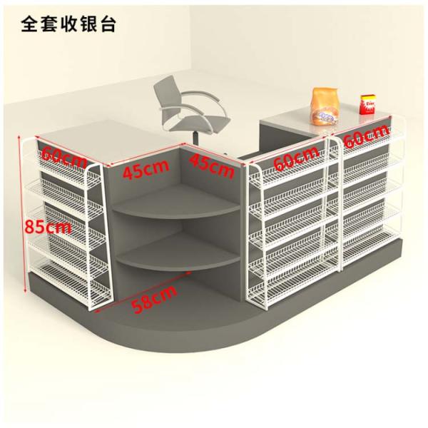 Retail Shops Metal Cashier Counter Table with Wire Promotion Rack and Suggested Picture