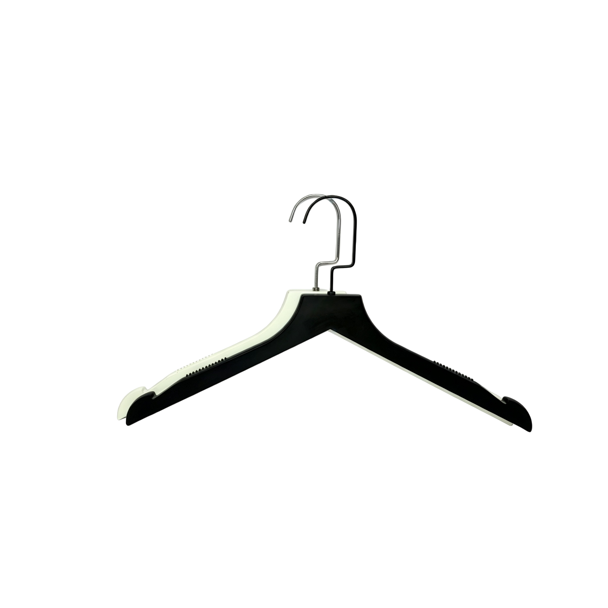 Non-slip mark-free plastic clothes hanger with 43cm length and wide shoulders for garment stores