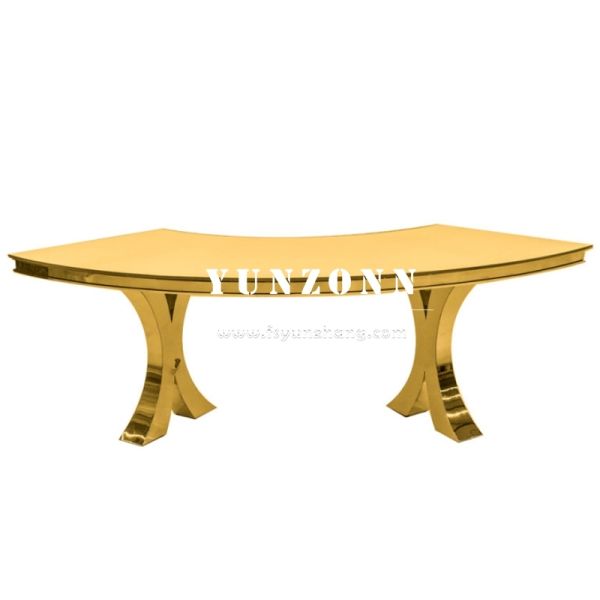 Modern Gold Cross X Legs Serpentine S-Shape Glass and Metal Wedding Dining Banquet Table for Outdoor Hotels Events Parties