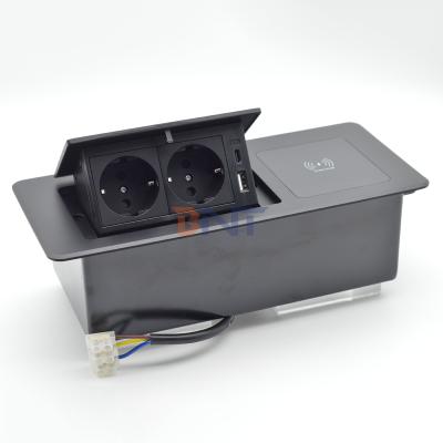 Wireless Charging Power Socket Box Pop-up Electrical 2-Outlet Table with USB A+C Ports