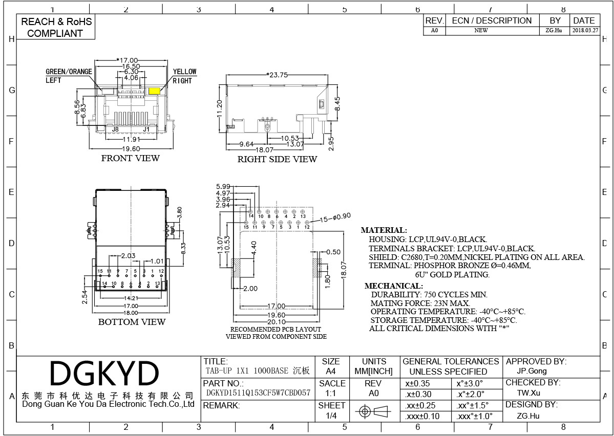 Very Low Profile RJ45 Connector with Gigabit Integrated Transformer and Gold Plating 6U
