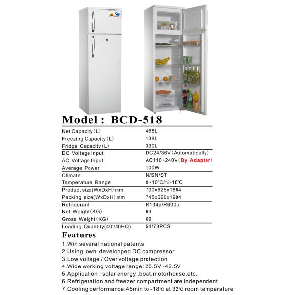 518L DC upright solar fridge freezer AC/DC compressor fridge ( upright double door 98L-518L)