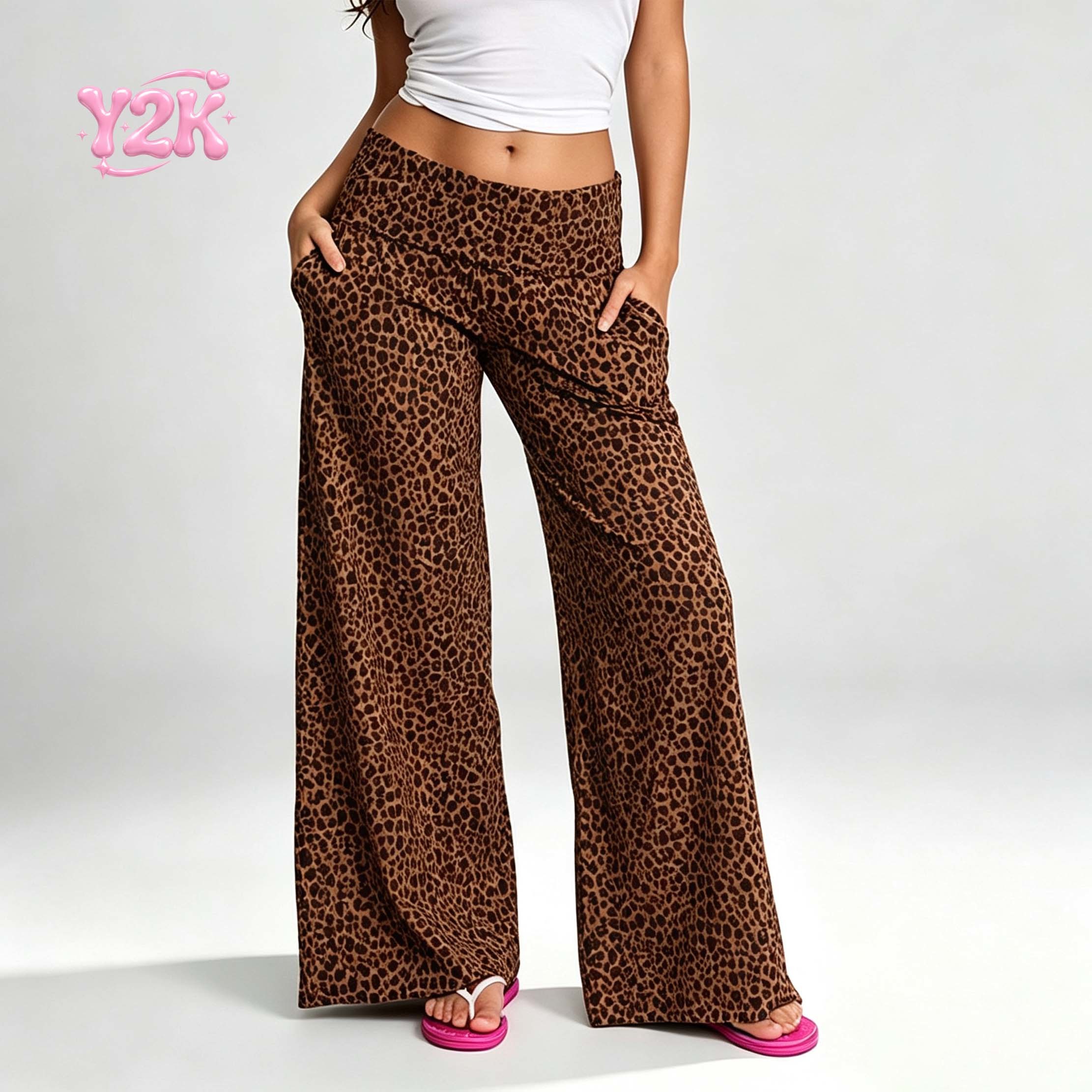 Custom Women's Leopard Print Fold Over Wide Leg Lounge Pants
