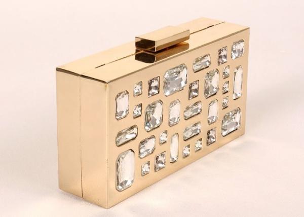 Rectangle Shape Stone Clutch Bag Gold Frame Silver Glass Stone For Elegant Lady