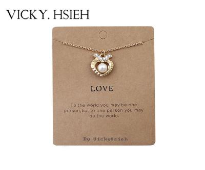 VICKY.HSIEH Gold Tone "Love" Crystal Rhinestone Pave Open Heart Shape Pearl Pendant Necklace