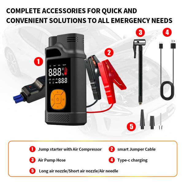 8000mAh Portable Power Automobile Jump Starters With Air Compressor Flashlight Lighting