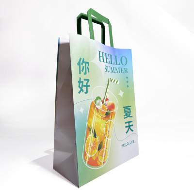 Bolsa de papel con asa plana personalizada para restaurante, entrega a domicilio, embalaje para llevar, kraft, para comida para llevar