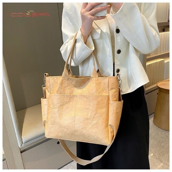 DuPont/Tyvek Paper Tote Bag Washable Wrinkle-Resistant Tear-Proof Paper Bag Trendy Vintage Eco-Friendly Handheld Shoulder Bag
