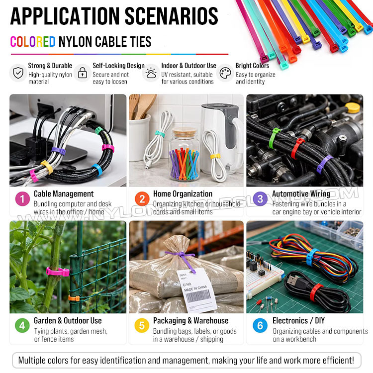 Applications of colored plastic wire cable zip ties / tie straps Colored Cable Tie 200mm x 4.8, 3~50mm Adjustable Nylon 66 Multicolor Zip Tie (222N / 50LBS) for Cable Visual Management