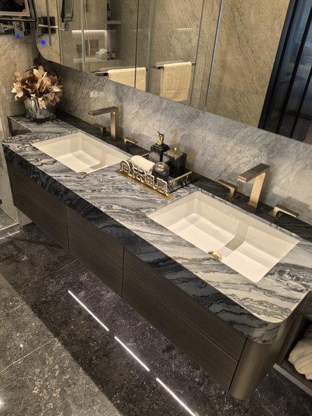 Fadior Luxe Arc – Stainless Steel Bathroom Vanity With Woodgrain Doors & Quartz Top