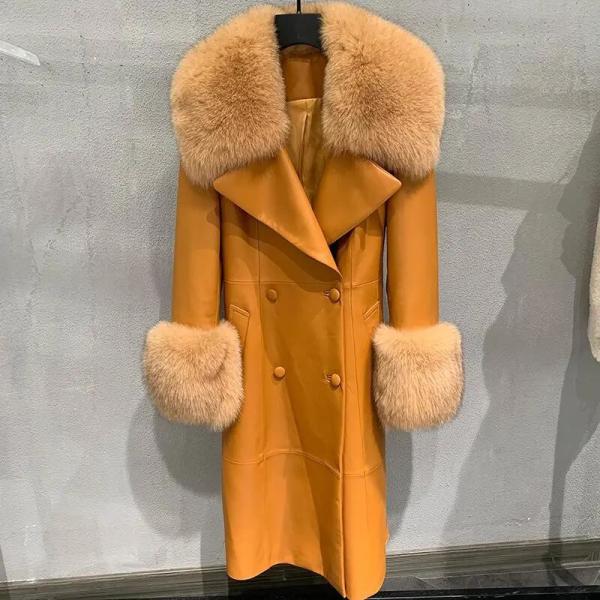                  Winter Fox Fur Collar Cuffs Women Long Leather Jacket Black Genuine Sheepskin Trench Leather Fur Coats for Ladies             