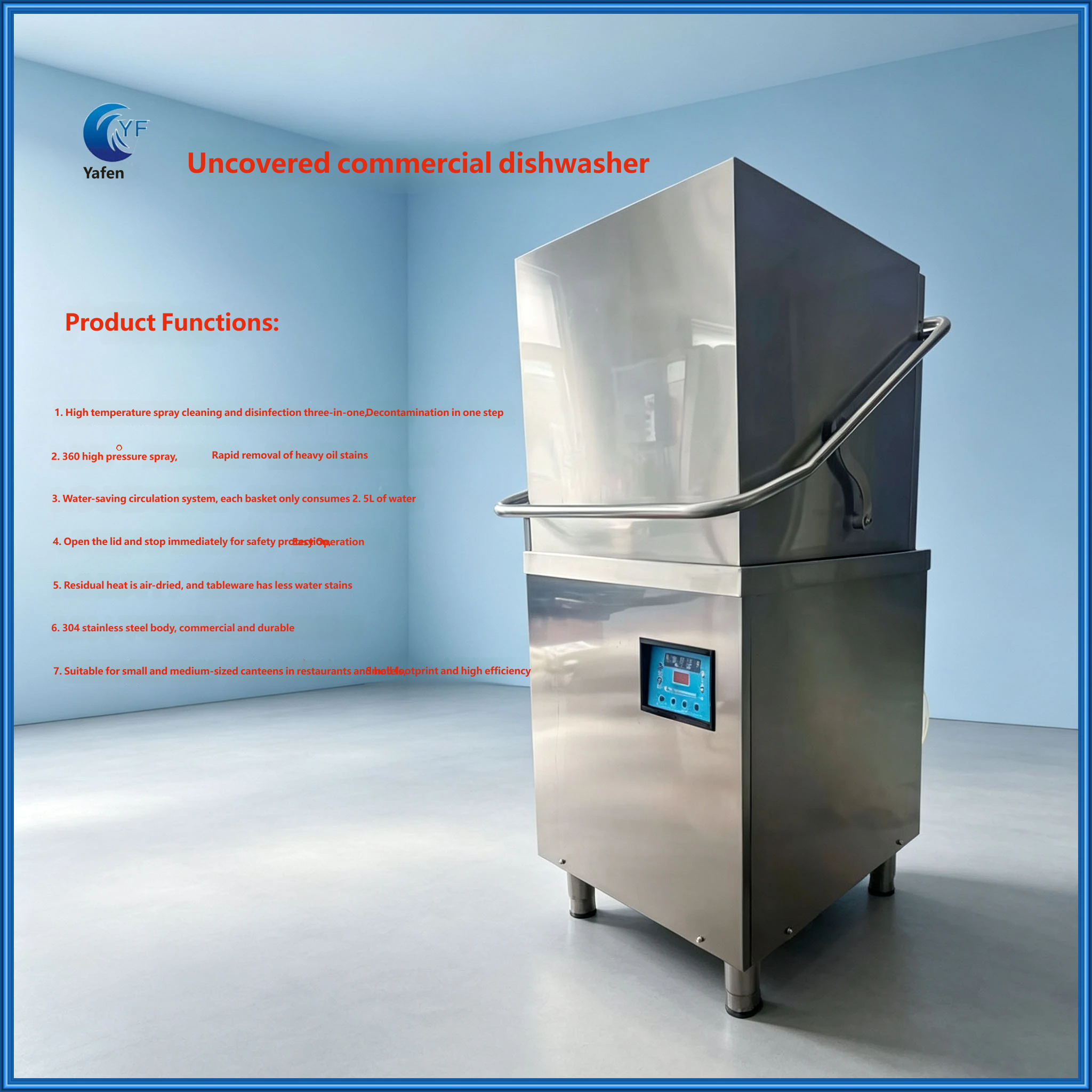 ommercial Downward-Rolling Dishwasher with 304 Stainless Steel Mesh Conveyor Belt, Equipped with a Grind-and-Soak Pool for Large Cafeterias