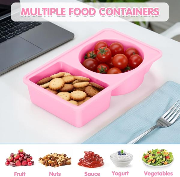 Silicone Reusable Snack Containers With Lids, 3 Pack Double/2 Compartment Snackle Box Container For Salad Sauce, Condiment Containers With Lids For Portion Control, Travel, Picnic