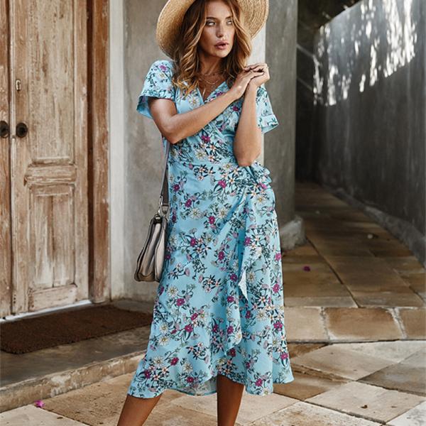 Printed Ladies Maxi Dress Polyester S Xl Short Sleeve Party Casual V Neck