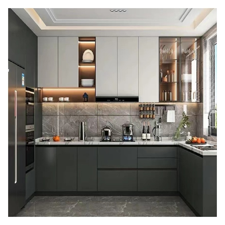 Flat Pack Fitted Kitchen Cabinetry Set with Modern Handle less Design and Accessories