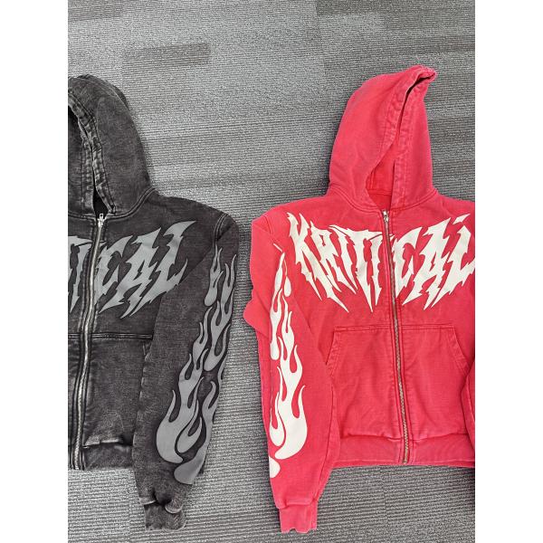 T-shirts à capuche personnalisés en coton 100% imprimé en poudre de coton vêtements de rue lavés à l'acide T-shirts à fermeture à glissière lourds