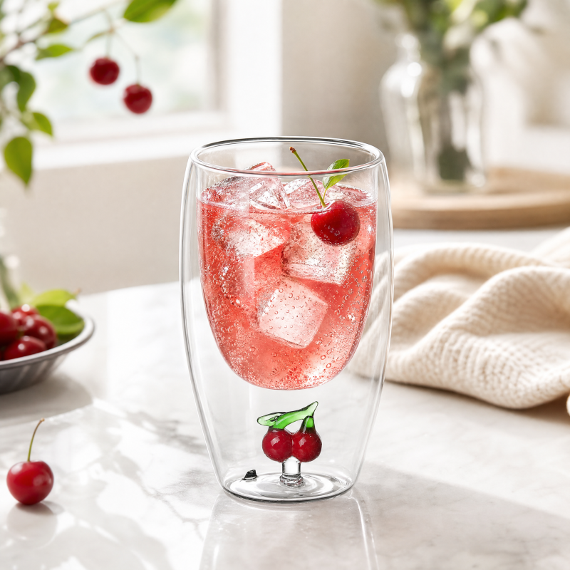 Customizable Borosilicate Glass Cup Double Wall Cola Cup With Flowers