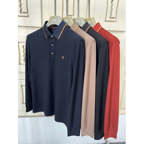 Luxury Men Long Sleeve Polo Shirts with Contrast Collar Classic Design Embroidered Logo, Multiple Colors for Business & Casual