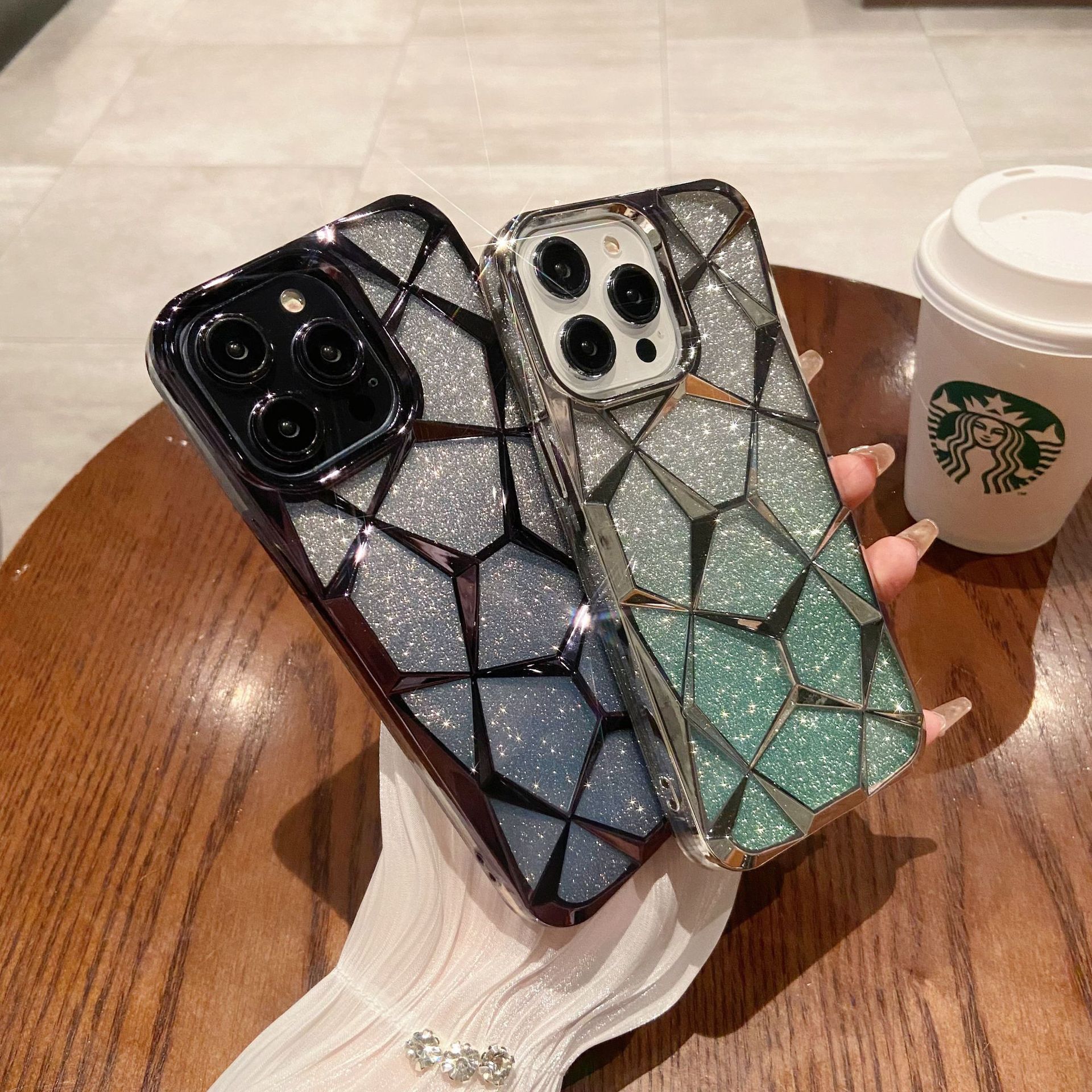 PC Premium Geometric Quilted Gradient Glitter Soft Waterproof Shockproof Mobile Phone Case for for 11 12 13 14 15 Pro Max