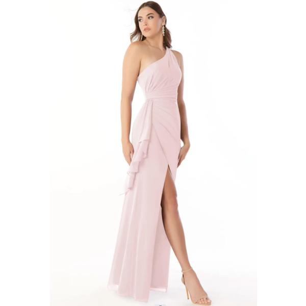 Fashionable Fitted Pleated Ruffle Chiffon Long Bridesmaid Dress Blushing Pink Sleeveless One-Shoulder Plus Size
