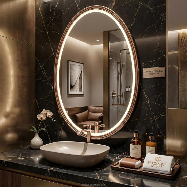 Kingstin LED Smart Bathroom Mirror Water Drop Oval Makeup Mirror Aluminum Frame Touch Anti-Fog Wall Mirror