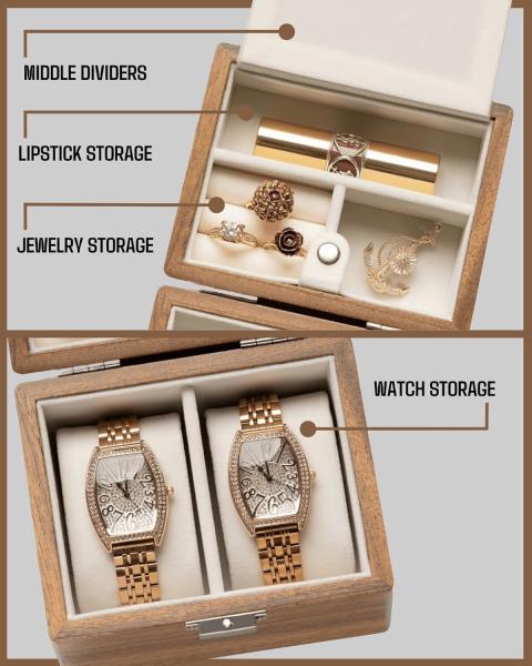 Watch Box, Watch Travel Case For Men, Wood Watch And Jewelry Holder Organizer For Woman, Portable Protection 2-Slot Watc