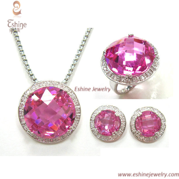 wholesale Colorful lab-created pink CZ brass jewelry set with Clear CZ + White rhodium