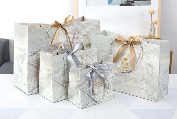 Marble Pattern Cardboard Gift Bags Thicken Paper Card Ribbon Hand Shopping Bag Reusable