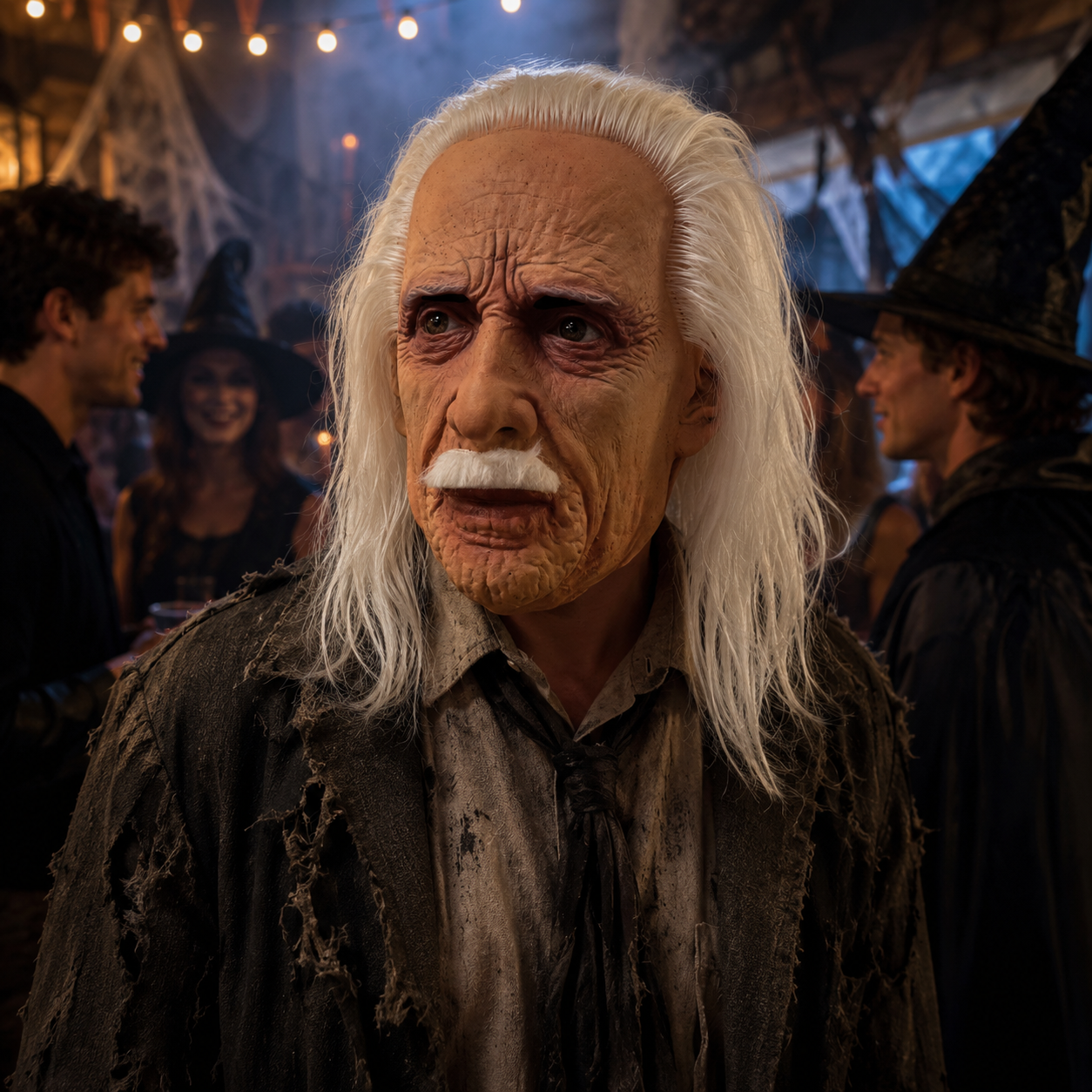 Long White Hair Old Man Latex Full Head Mask with White Mustache, Realistic Wrinkles, Aged Skin Texture and Visible Eye Openings for Halloween Party Cosplay Costume Photo Video Props