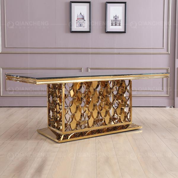 Qiancheng ODM Tempered Glass Dining Table Golden Stainless Steel For Wedding