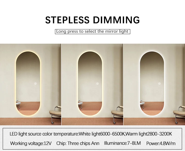 Full Length Arch Bathroom Mirror Edge Frameless Anti Fog Lighted Dressing Mirror