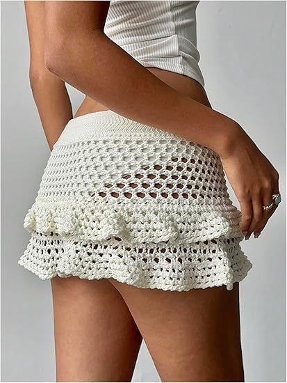Women'S Crochet Cover Up Skirt High Waist Drawstring Knit Swimsuits Boho Swim Skirts Beach Cover Up,Drawstring Colorful Crochet Shorts for Women,Cute Summer Bottoms Rave Festival