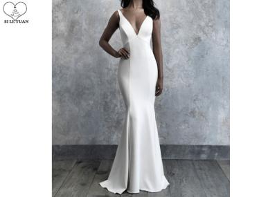Long Fishtail Wedding Gown Pure White Sleeveless Deep V Neck Backless Style