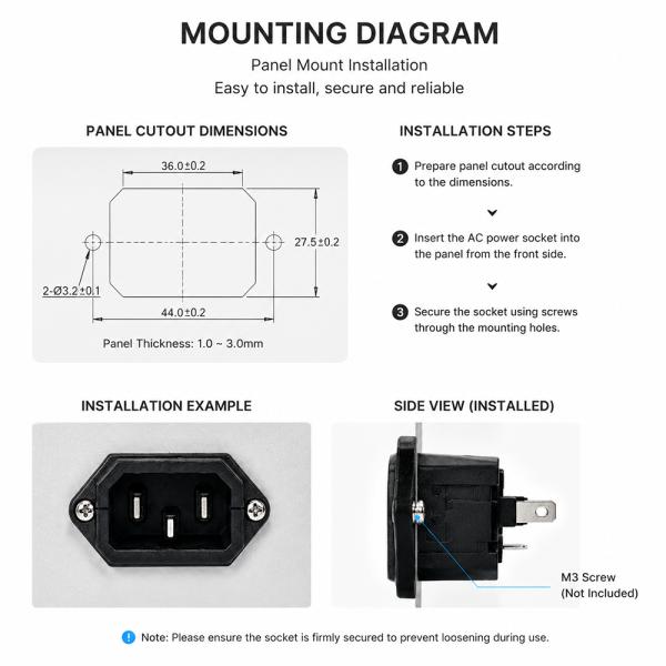 IEC 60320 AC Power Socket 10A 1500V Panel Mount for UPS Systems