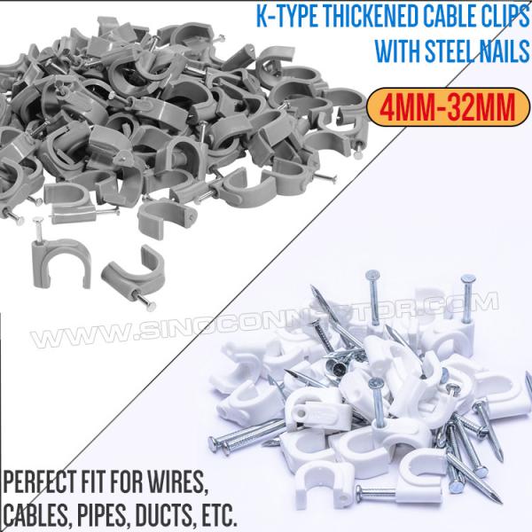 Cable Clips (Wire Clips, Nail Clips), Polyethylene, Black/White, U-Shaped, K-Type, 4mm~32mm, For Cable Management