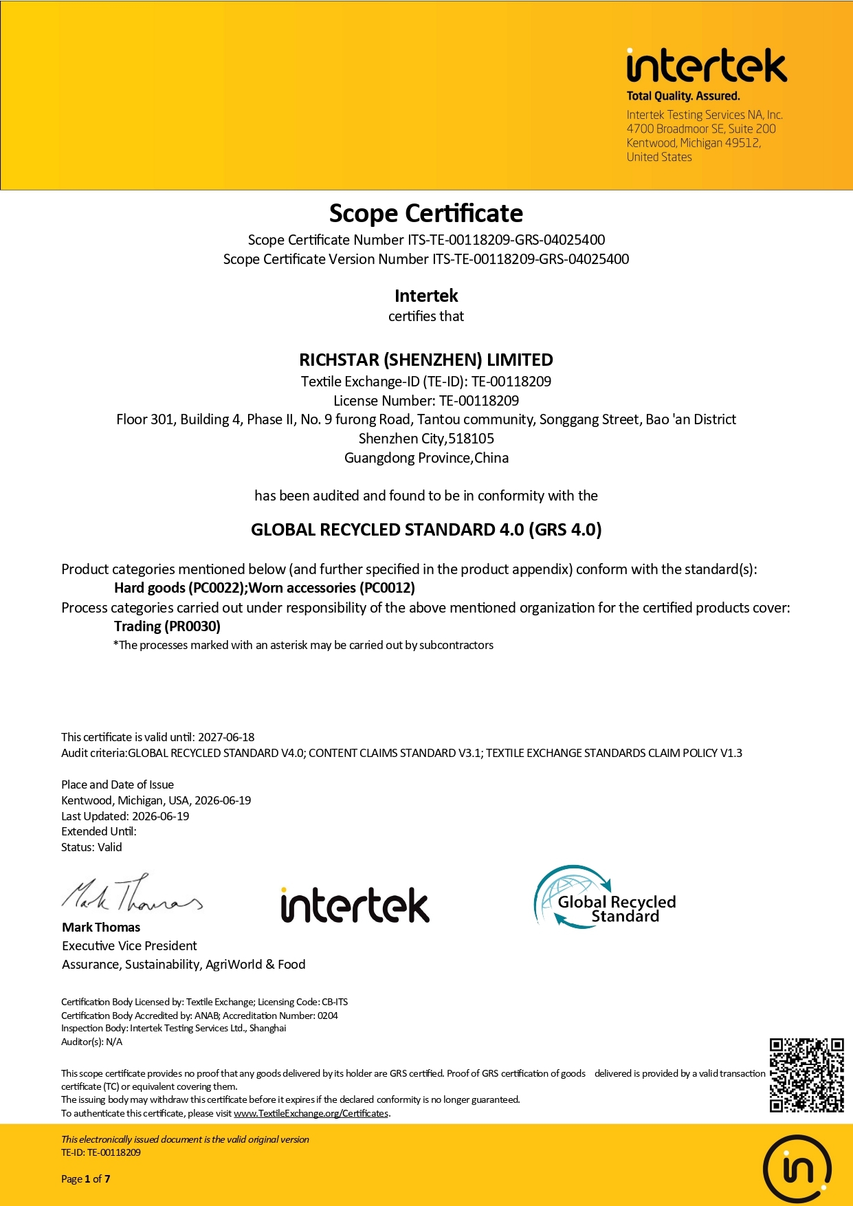 RICHSTAR (SHENZHEN) LIMITED Certifications