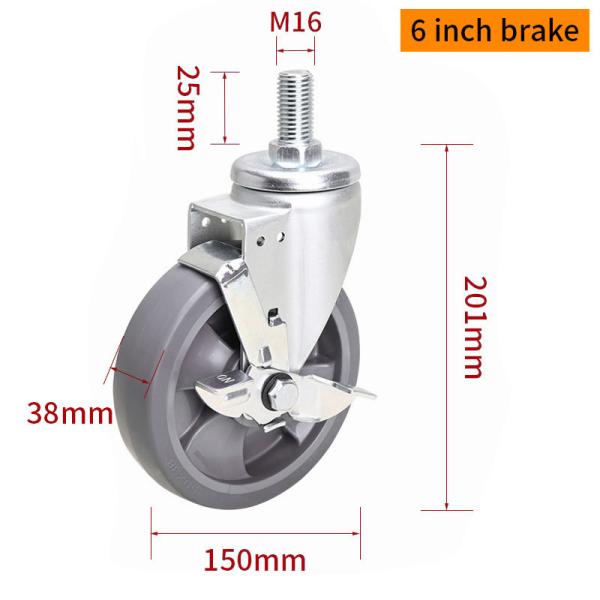 EDL Medium Duty TPE Caster 6inch 200kg Threaded by Swivel and Brake type 666S-56