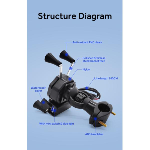 Black 5V 2.5A X Claw Motorcycle Phone Mount For Iphone 11 0.3KG